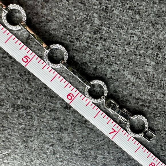 NEW Pretty Bird Pave Circular & Bar Link White Gold Plated Bracelet 6.75" / 7.5" - Picture 9 of 13